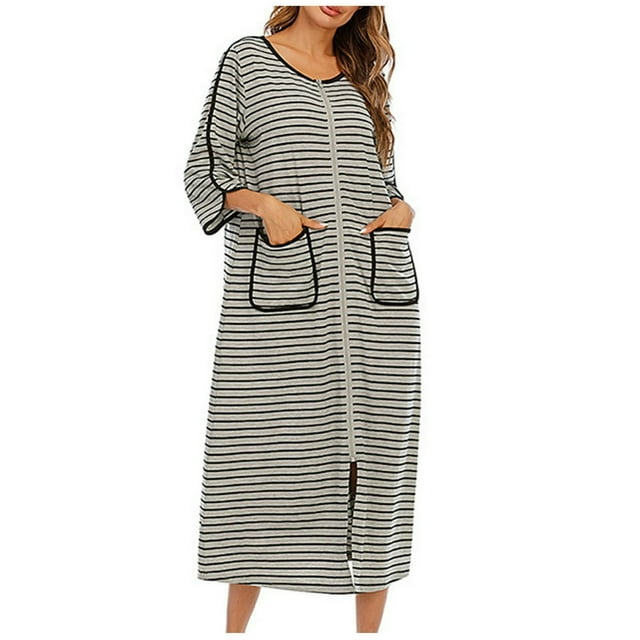 LNGOOR Robes pour Femmes Robe à Glissière Robe de Nuit à Manches 3/4 Vêtement de Nuit Robe d'Intérieur Longueur Complète Déshabillés Vêtements de Détente avec Poches Pyjama Ample