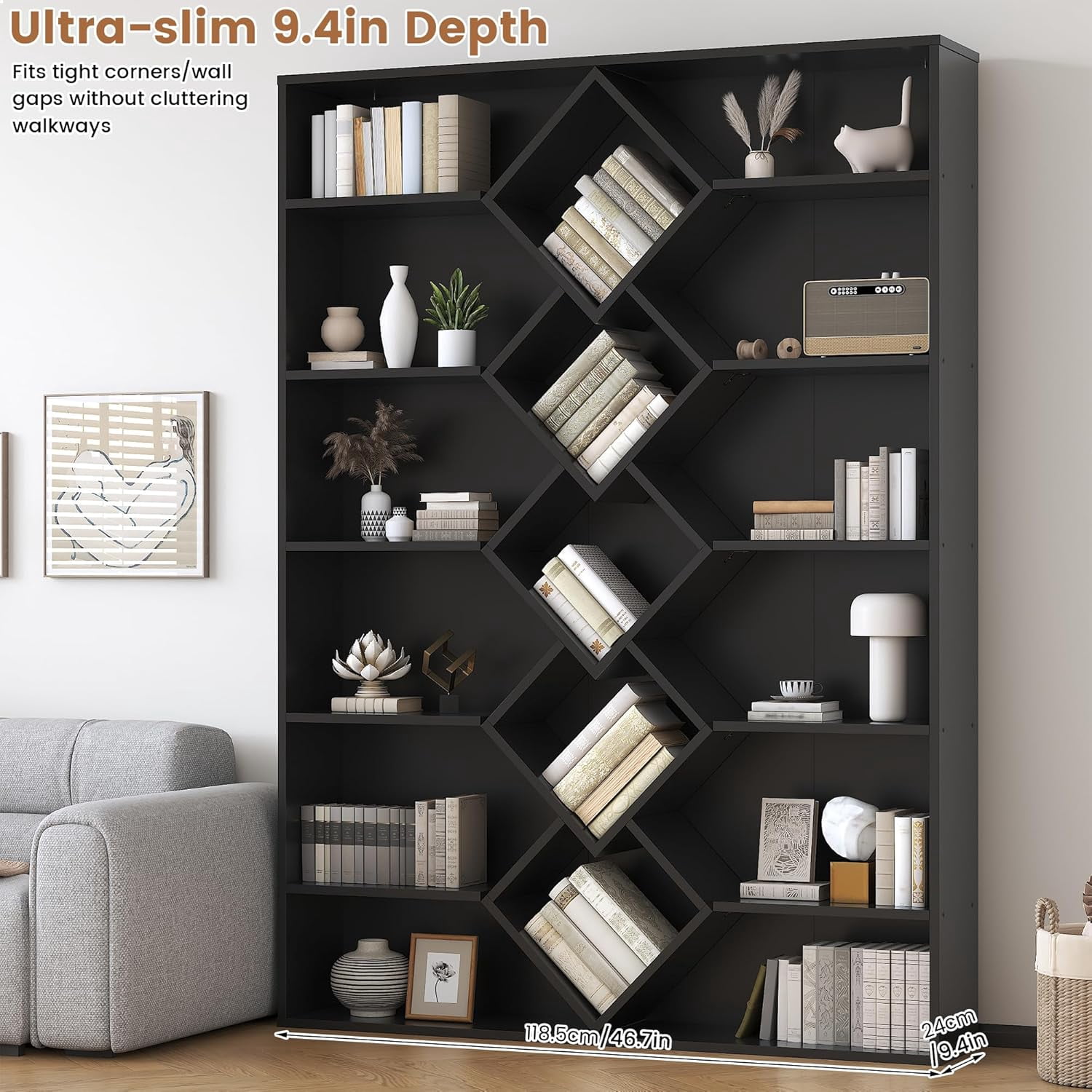 Frmobepts Triple Row 6-tier Bookshelf, 71 in Tall Bookshelf with 17 Open Display Shelves, Large Bookcase for Office Living Room, Black