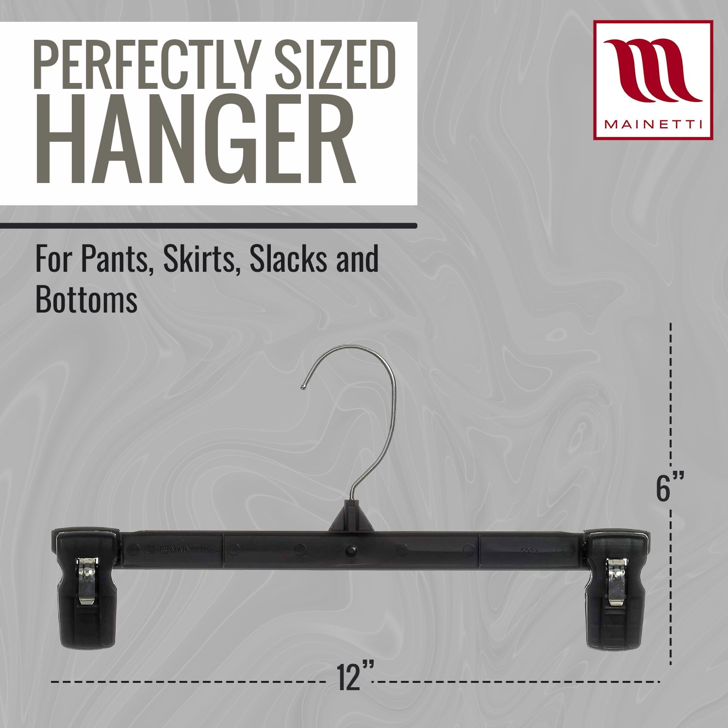 Mainetti Black Plastic Clothes Hangers 200 Pack | 12-Inch Space Saving Hangers with 360 Swivel Metal Hook & Non-Slip Clips | Closet Hangers Ideal for Pants, Skirts, Slacks and Shorts