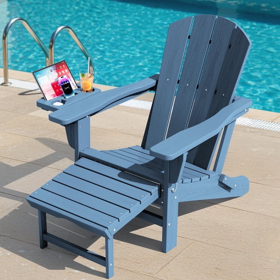 KINGYES Folding Adirondack Chair, Adjustable Backrest with Pull-Out Footrest & 4-in-1 Mobile Phone, Tablet, Cup Holder Tray, HDPE Plastic Adirondack Chair for Patio Garden Outdoors Fire Pit