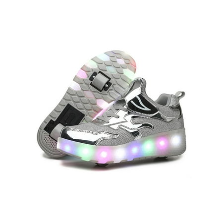 

Fangasis Girls Kick-Roller Shoes LED Light Up Rollerskates Color Block Roller Skates Children Walking Shoe Outdoor Fashion Glow Trainers Silver 9C