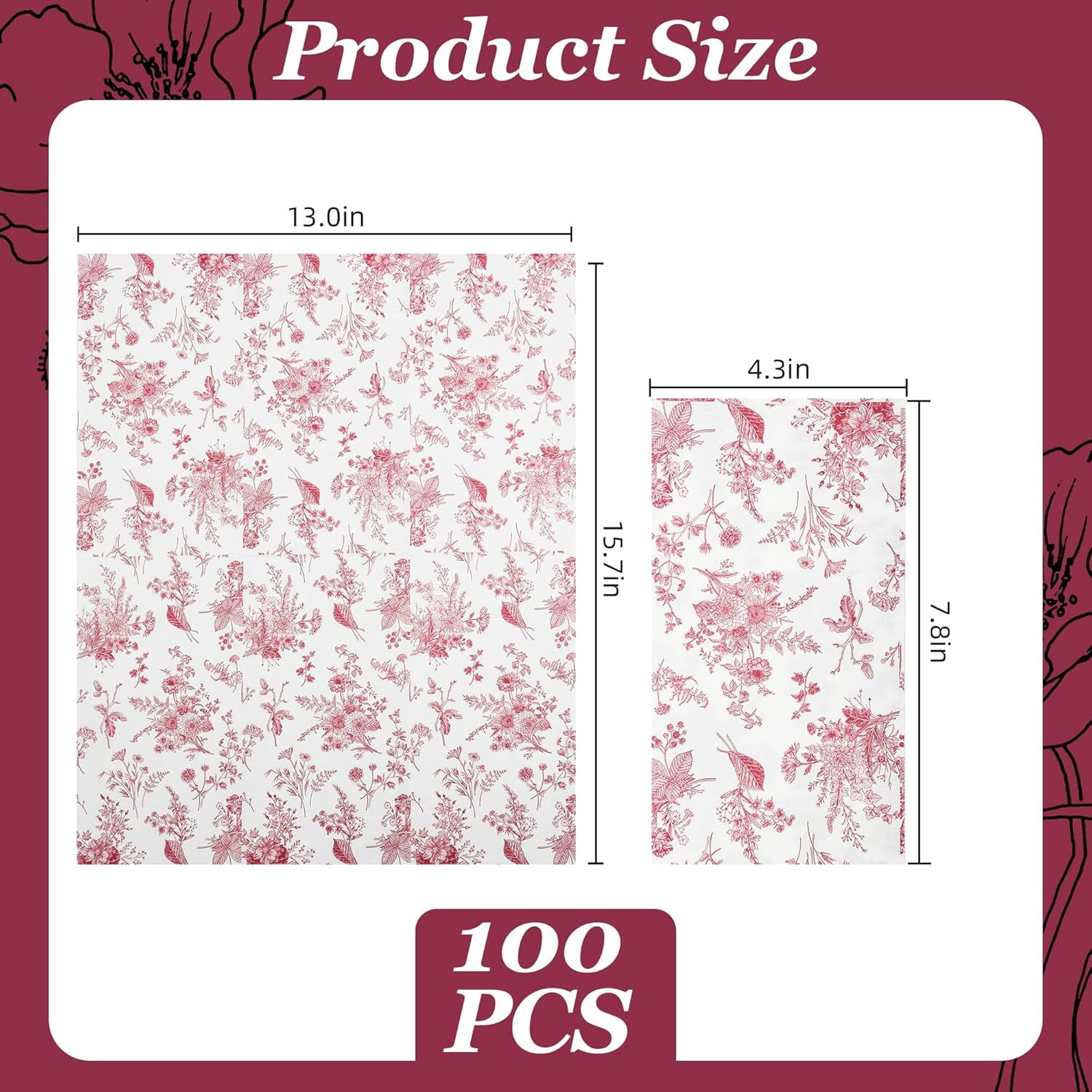 100 Floral Guest Napkins Red White Toile Disposable Paper Napkins Flower Bathroom Hand Towels for Tea Party Christmas Bridal Baby Shower Party Supplies (Red)