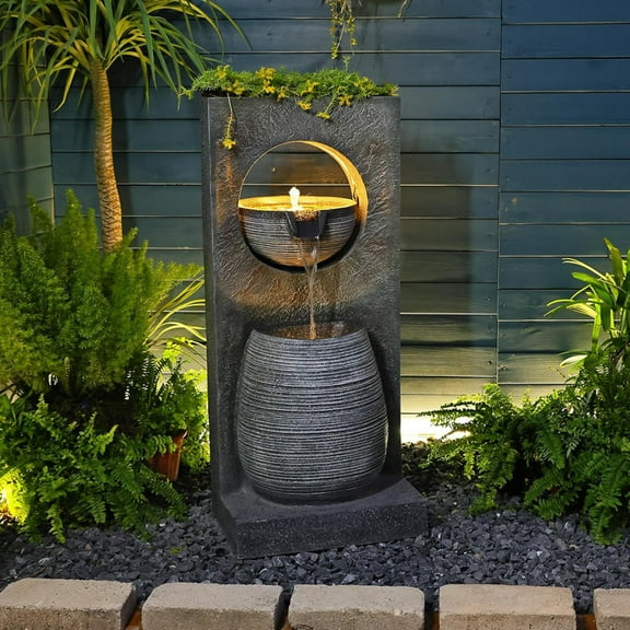 Water Fountain Modern Waterfall Garden Freestanding Fountain Curved Surface Artistry Design with LED Lights for Garden, Living Room, Patio, Home Decor