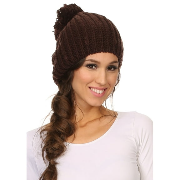 Sakkas Lax Wide Unisex Cable Knit Large Pom Pom Bobble Beanie Hat Cap - Brown - OS
