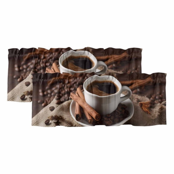 2 Pack Valances for Window, Hot Coffee Short Curtains for Kitchen Bedroom Living Room, Cinnamon Cafe Beans Latte Cup Rustic Vintage Rod Pocket Small Window Treatment Valance Drapes 42 x 18 Inch