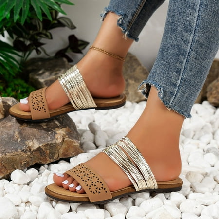 

AXXD Brown Sandals for Women 7 Summer Fashionable Outdoor Flat Metal Double Strap Imitation Suede Open Toe Sandals