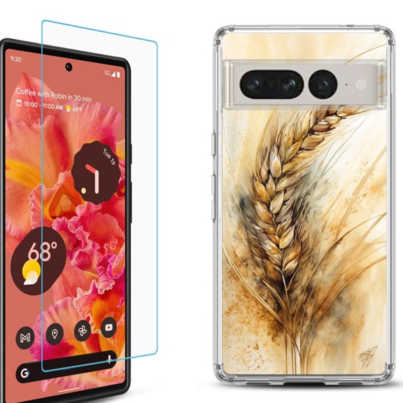 Shockproof Bumper Phone Case for Google Pixel 7, with Tempered Glass Screen Protector, by OneToughShield ® - Wheat Painting