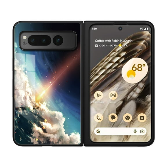 Compatible with Google Pixel Fold Case,Cute Starry Sky Patterned Fashionable Tempered Glass Back with Soft Silicone Bumper Lightweight Protective Phone Case,Sparkling