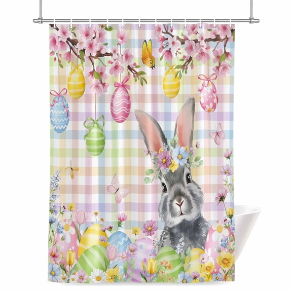 Easter Rabbit Shower Curtain, 48" x 72", Colored Eggs Cute Bunny Spring Flowers Colorful Plaid Waterproof Bathroom Curtain Washable Shower Curtain Set with 12 Hooks