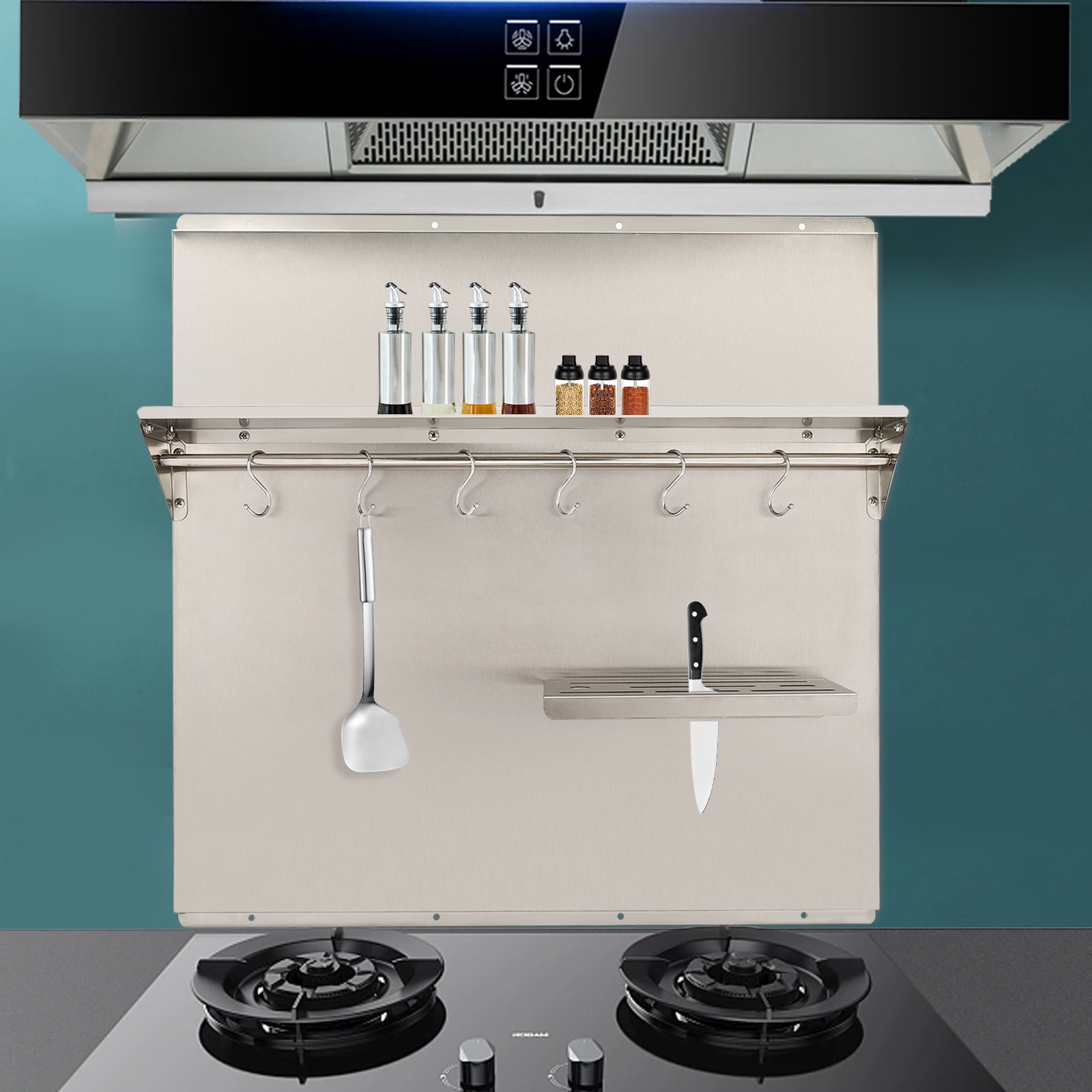 Range Hood Backsplash with Shelf, 201 Stainless Steel Construction, Includes 6 Hooks and Cutting Board Holder, Easy to Clean and Install