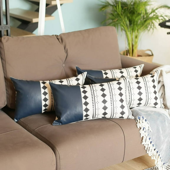 Boho Set of 4 Handcrafted Decorative Throw Pillow Cover Vegan Faux Leather Geometric 12" x 20" Navy Blue & Ivory Lumbar for Couch, Bedding