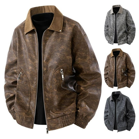 RongHuan Big and Tall Faux Leather Jacket for Men Fashion Zip Up Lapel Jackets Vintage Motorcycle Outwear Fall Winter Long Sleeve Coat
