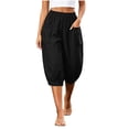 thumbnail image 4 of Zulora Women's High Waisted Wide Leg Capri Pants Stretchy Elastic Waist Pleated Cropped Trousers Loose Casual Summer Pants, 4 of 8