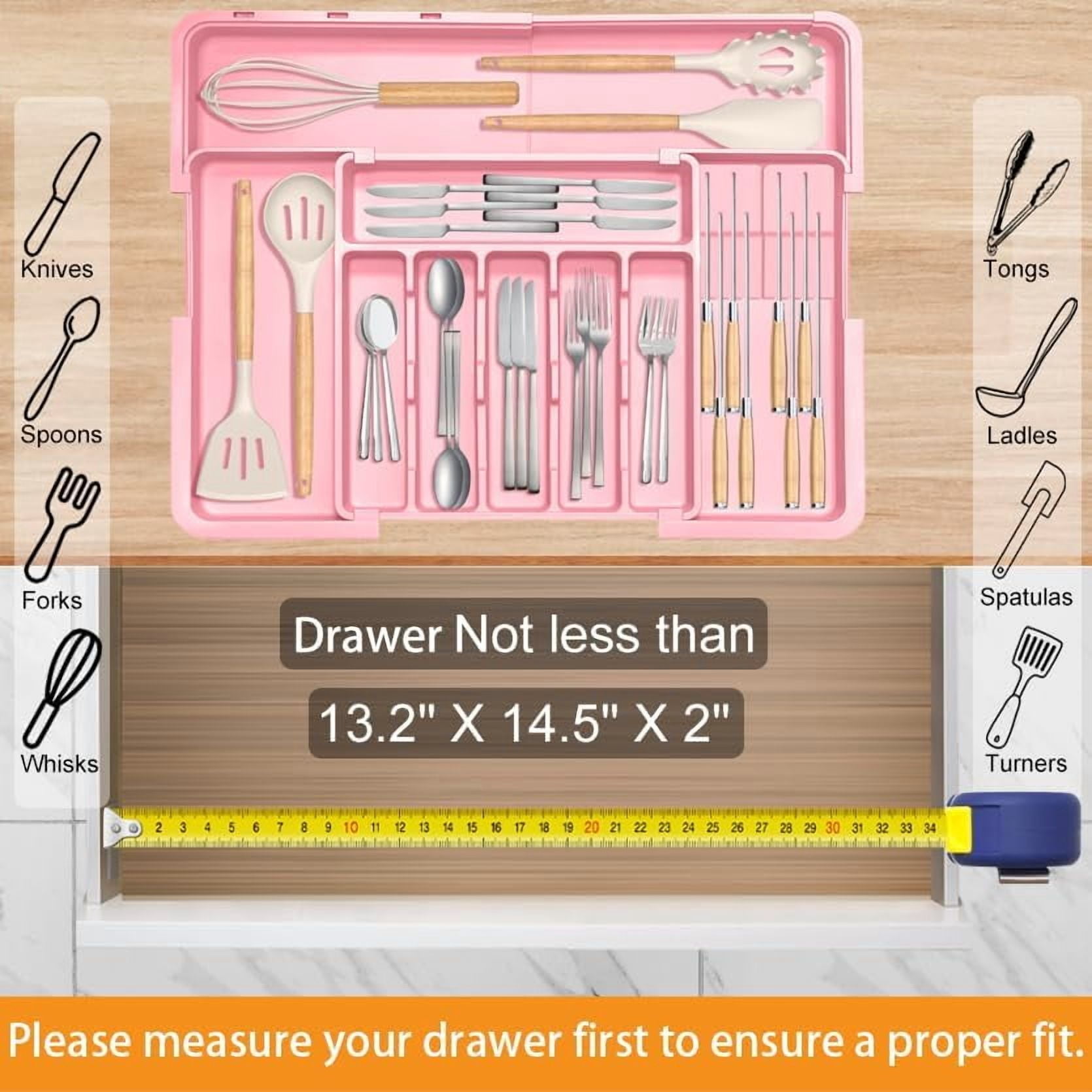 Silverware Organizer - Expandable Large Kitchen Drawer Organizer Utensil Organizer with 2 Knife Block Inserts, 22"x 19"Cutlery Tray with Drawer Dividers for Kitchen Flatware (Pink)