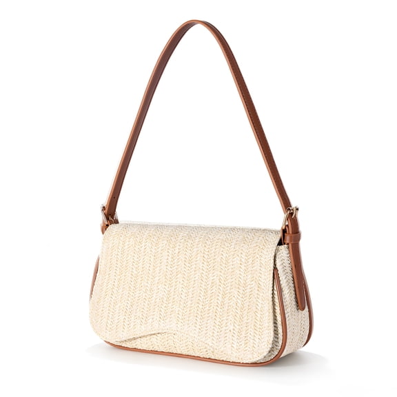 Lightweight Large Capacity Straw Woven Shoulder Bag for Women Casual Summer Beach Tote Handbag with Adjustable PU Leather Strap Offwhite 26x16x7cm