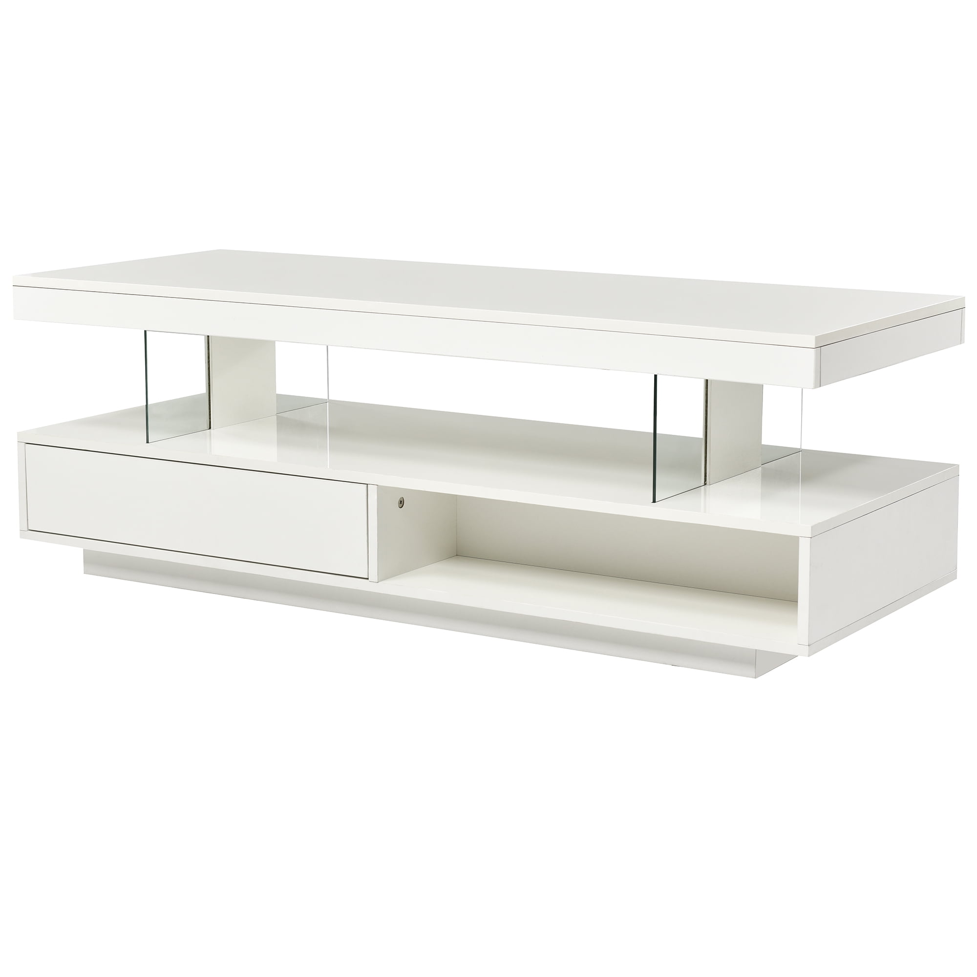 Euroco LED Coffee Table with Storage and Display Shelves, Modern Black Center Table with 2 Drawers and 16-Color LED Lights for Living Room