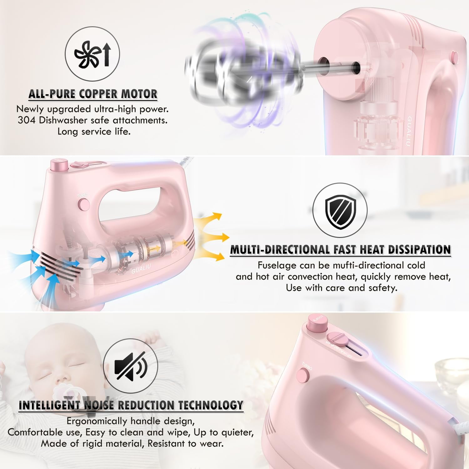 Electric Hand Mixer with Stainless Steel Whisk Dough Hook Attachment and Storage Bag Handheld for Baking Cakes Eggs Cream Food Mixers. Turbo Boost /5 Speed Kitchen Blender PINK