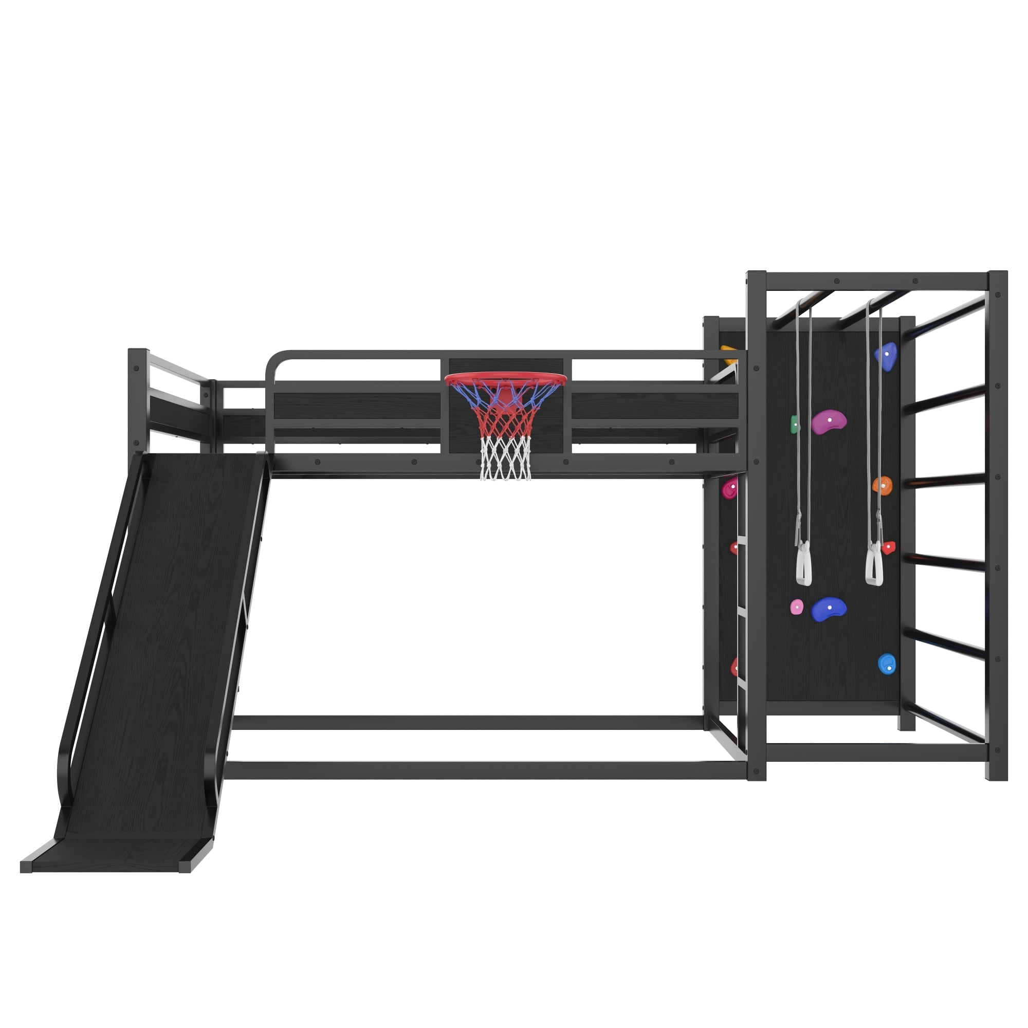 Full Size Loft Bed with Basketball Hoop, Pull-up Rings and Climbing Wall, Metal Loft Bedframe with Bulit-in Bookshelves, Kids Playhouse Bed with Slide for Boys Girls