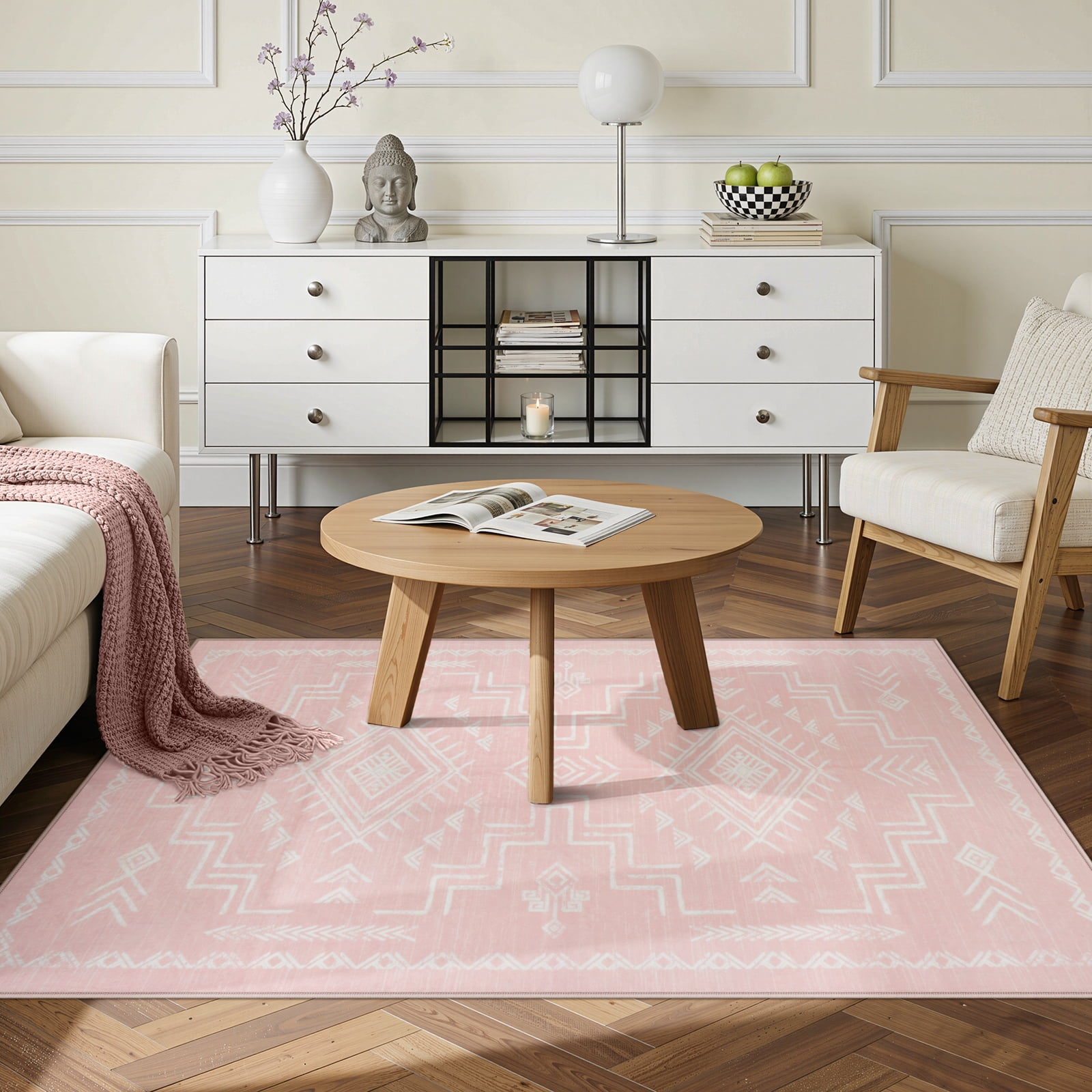 Lahome Washable 3'x5' Area Rug, Pink Rugs for Living Room, Non-Slip Small Entryway Tribal Aztec Carpet for Bedroom Girls Kitchen, Low-Pile Classic Boho Western Decor, Pink