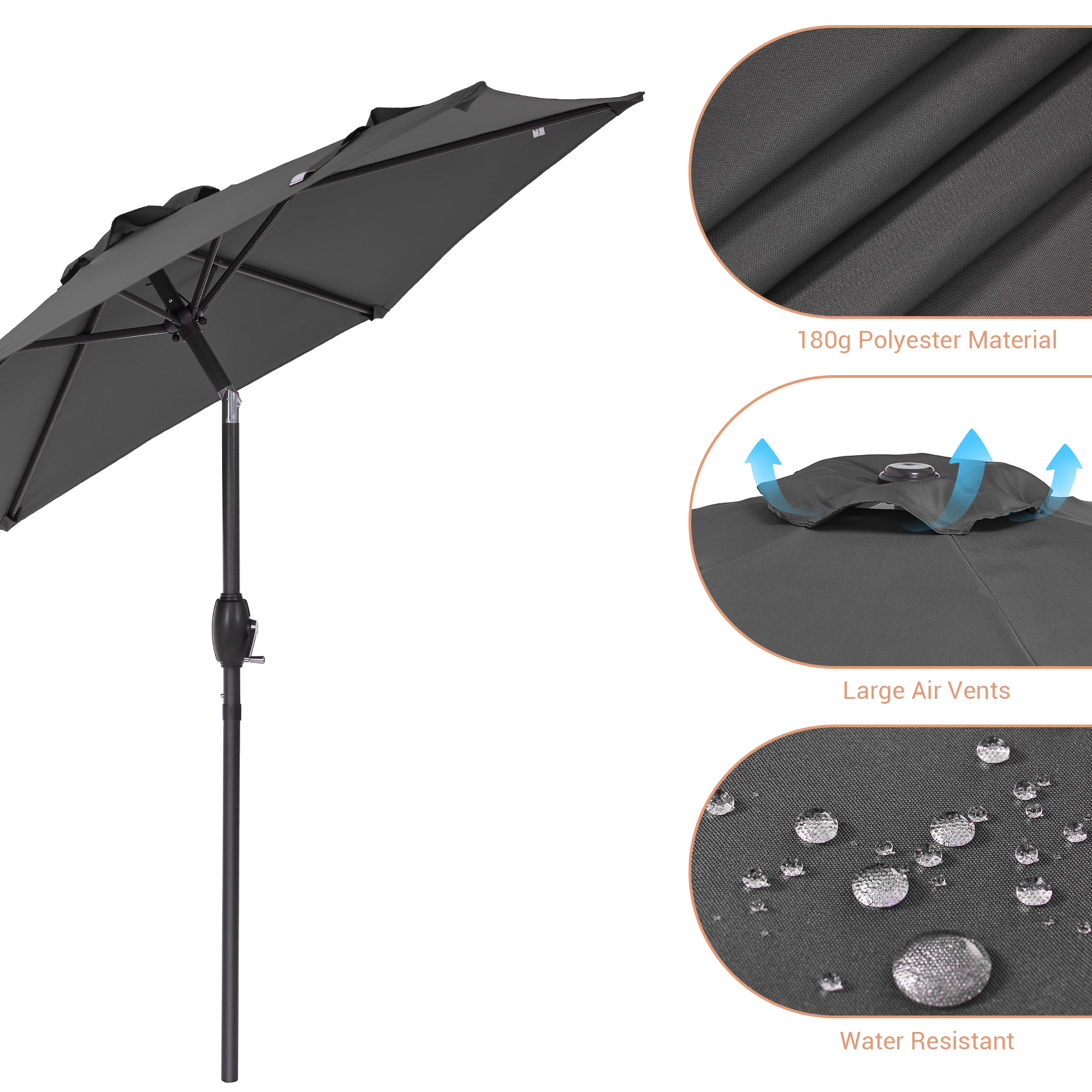 Sonerlic 7.5ft Round Patio Market Umbrella with Steel Frame, Outdoor Table Umbrella for Yard, Poolside and Deck,Anthracite