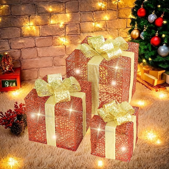Lksixu Set of 3 Christmas Lighted Gift Boxes, Christmas Decorations Pre-lit 60 LED Present Boxes with Remote Control & 8 Lighting Modes, Battery Operated Red Light Up Gift Boxes for Party Wedding