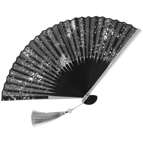 FUEENIRVA 1Pcs Traditional Fan Black Silk Bamboo Rectangular Chinese Vintage Style Women Men 11.8X8.3X0.8In