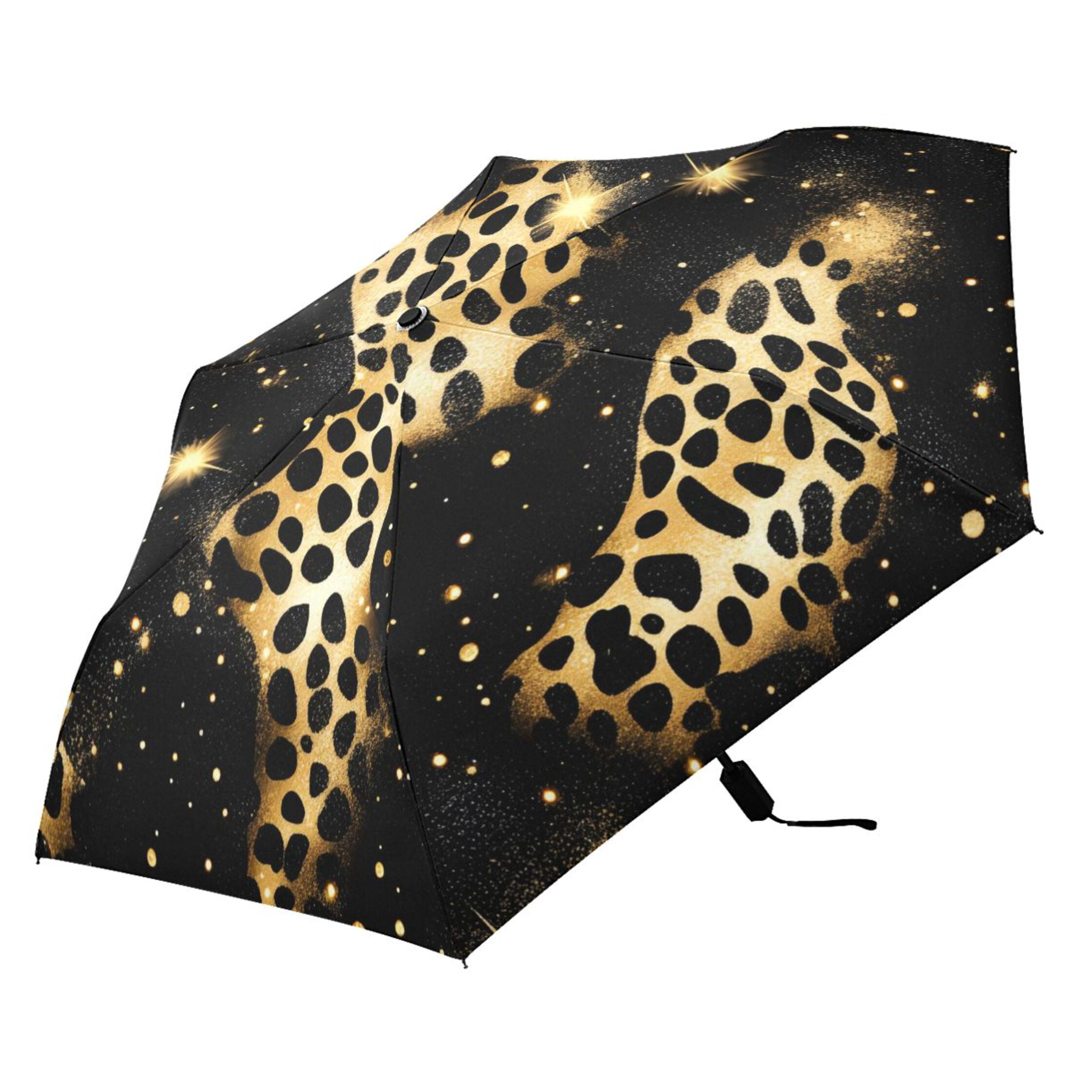 ALAZA Golden Leopard Print UPF 50+ Compact Folding Umbrella for Rain Travel Umbrella Packable