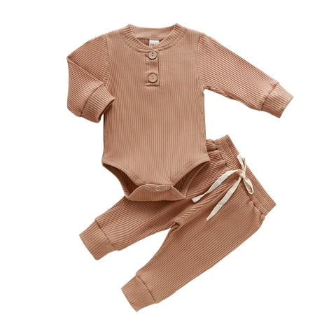 

Infant Baby Boys and Girls Autumn and Winter Romper Suit Fashion Versatile Solid Color Pit Stripe Romper Two-piece Casual Loose Stretch Romper