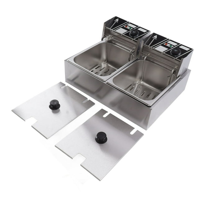 Electric Countertop Deep Fryer, Two Stainless Steel Basket Adjustable Temperature Removable Basket Large Capacity Commercial Electric Fryer with Lid Filter