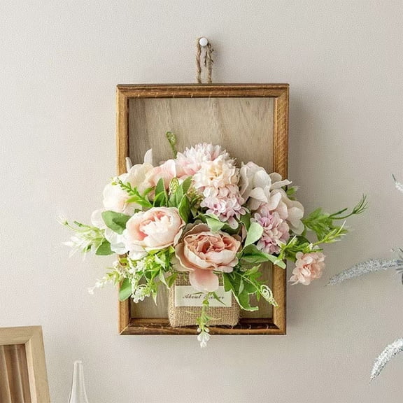 Wall-Mounted Artificial Floral Frame Set, 4 Styles Faux Flower Arrangements in Rustic Wooden Frames, Decorative Wall Art for Living Room, Bedroom & Bathroom