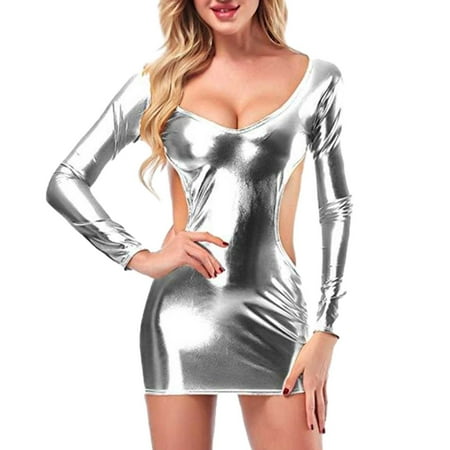 Yuhangmm Women Fashion Solid Sexy Lingerie Gold P Leather Long Seleeve Skirt Submissive Lingerie for Women Leather
