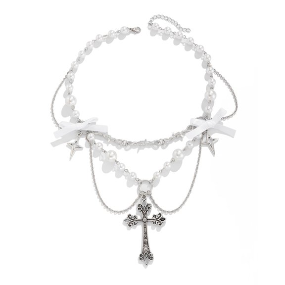 FENOHREFE Punk Styles Crosses Pendant Necklace Adjustable Punk Crosses Bowknot Necklace with Pearls for Trendsetters