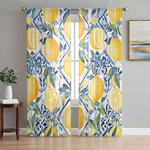 Sheer Curtains 63 Inch Length 2 Panels Set for Bedroom, Lemon Fruit Semi Sheer Curtains for Windows, Spring Plants Abstract Blue Leaves Voile Window Treatments Rod Pocket Curtain