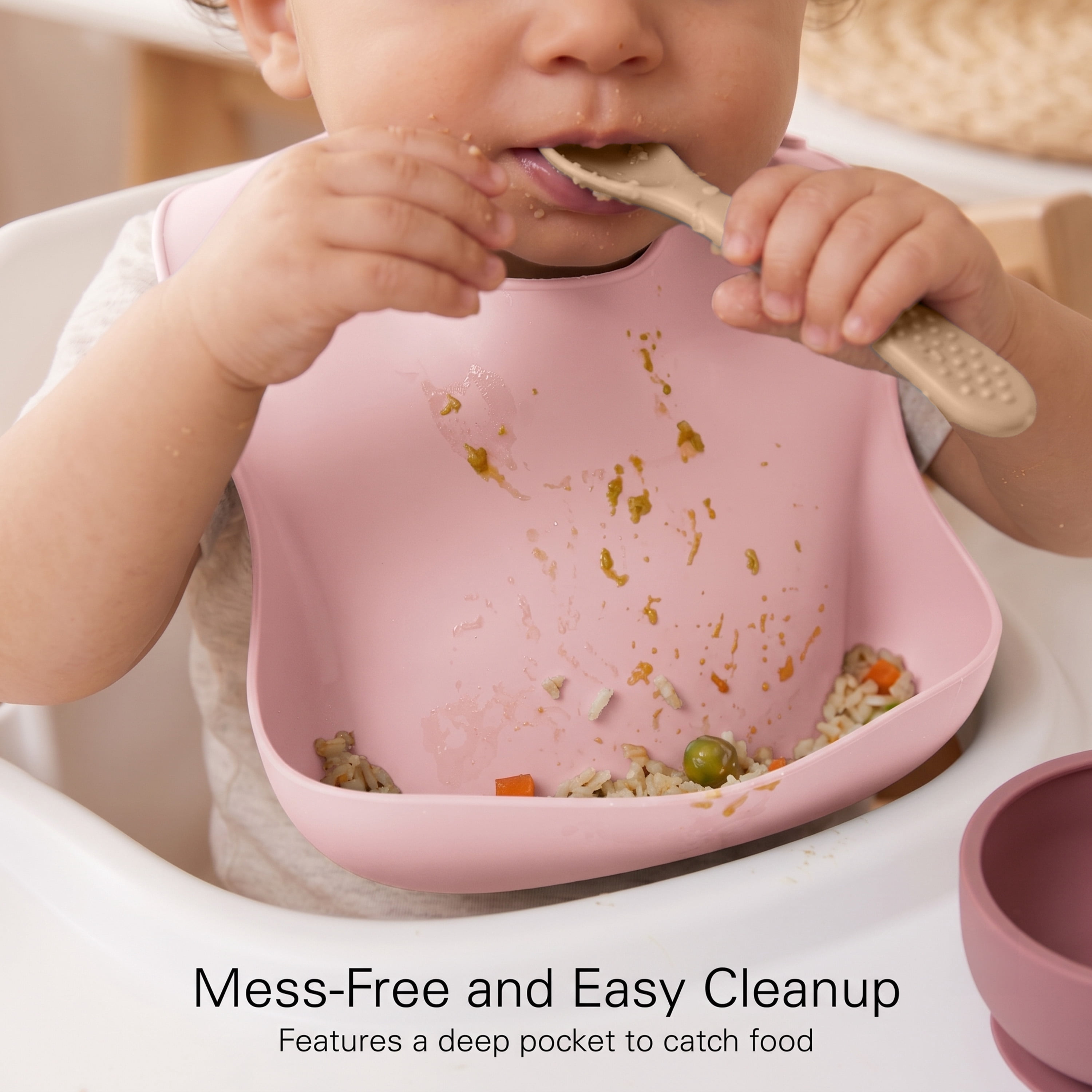 Baby Feeding Set, Silicone Bib, Bowl & Spoons for Self-Feeding First Stage Baby Essentials – Gum Friendly, BPA-Free, Easy to Clean & Safe for Babies, Pink