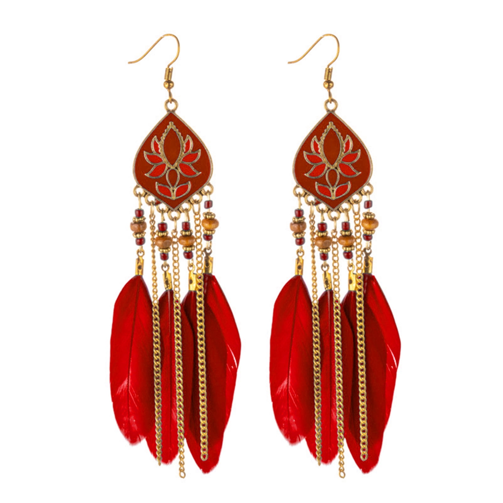 long earrings Boho earrings dangle earrings layered earrings Red Feather Leather Earrings tribal Earrings 