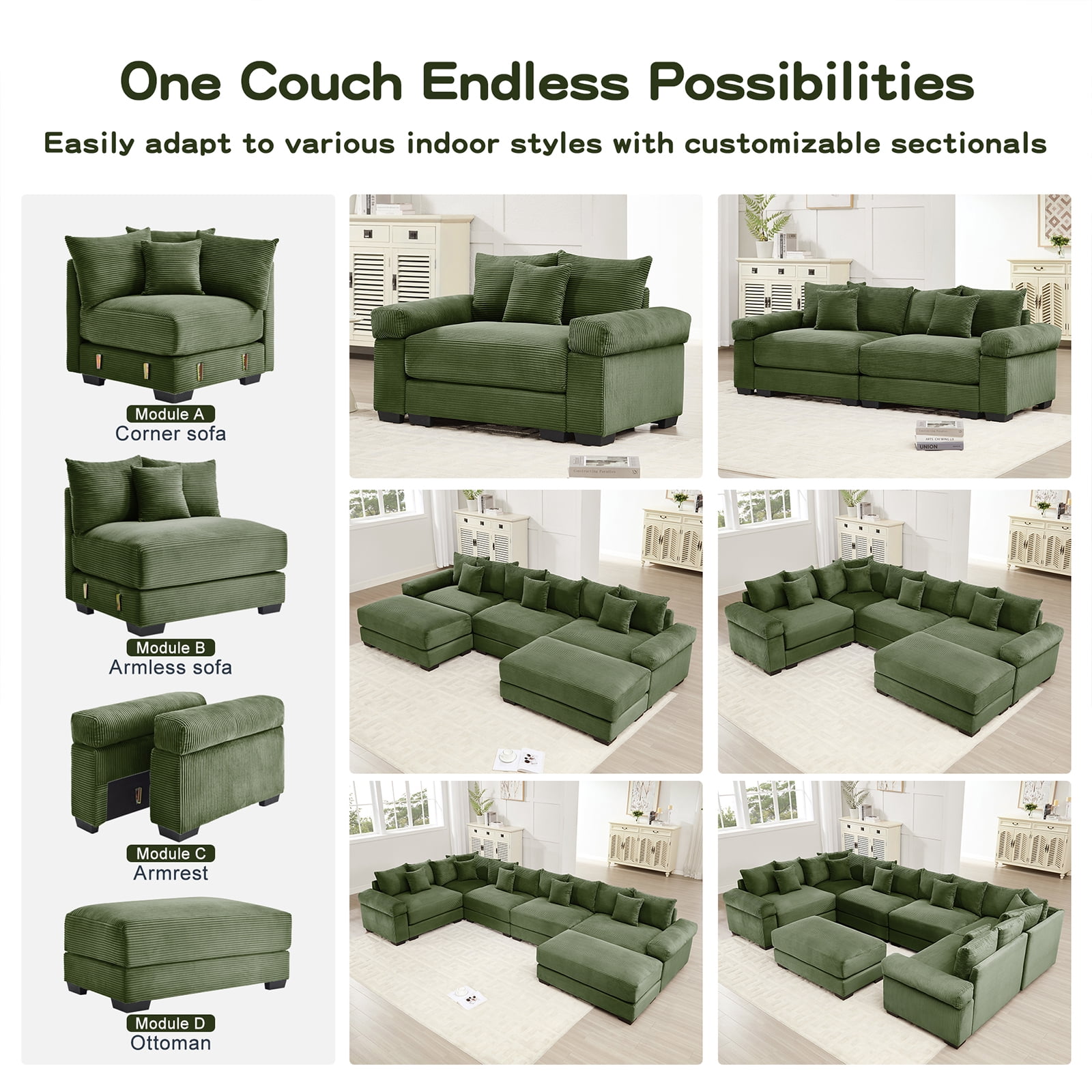 117" Modern Corduroy Sectional Couches for Living Room, Comfortable Corner Couch Sofa, Green 3 Seater Corner Couch for Flexible Layout, Muebles para la Sala, Oversized Sofa Set