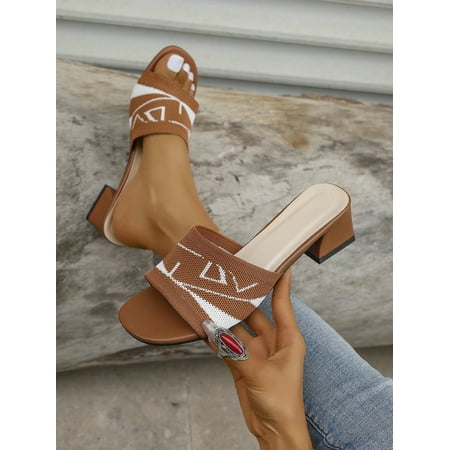 

New Summer Knitted Square Heel Women‘s High-Heeled Sandals Breathable And Comfortable Slippers