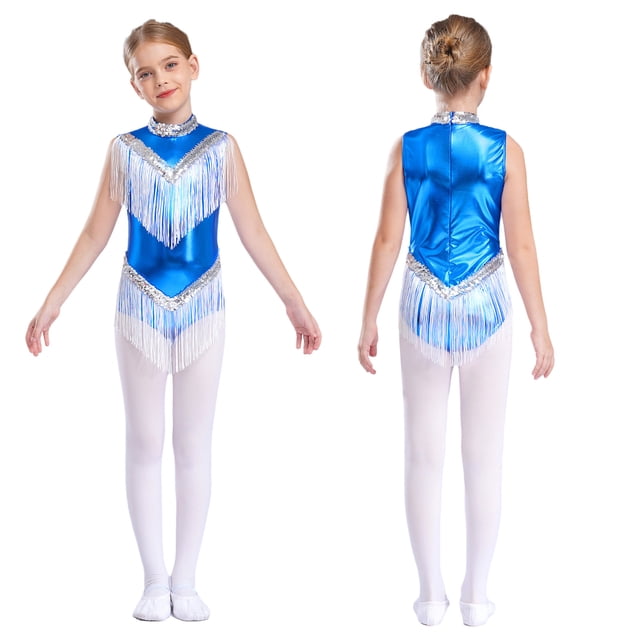 Sinleey Robe Salsa Tango à Franges pour Filles, Costume de Danse Latine à Sequins, Sans Manches, Bleu 16