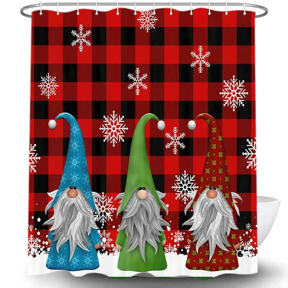 Christmas Gnomes Shower Curtain for Bathroom, Red and Black Plaid Merry Christmas Snowflake New Year Winter Xmas Elves Shower Curtain Sets, Durable Waterproof Fabric Bathroom Accessories Sets