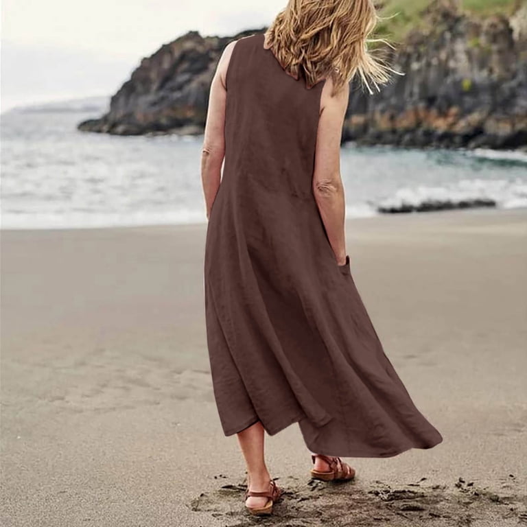 plus size brown summer dress Plus Size Summer Dress Crew Neck Ruffle with Pockets-Khaki, XXL main image 1