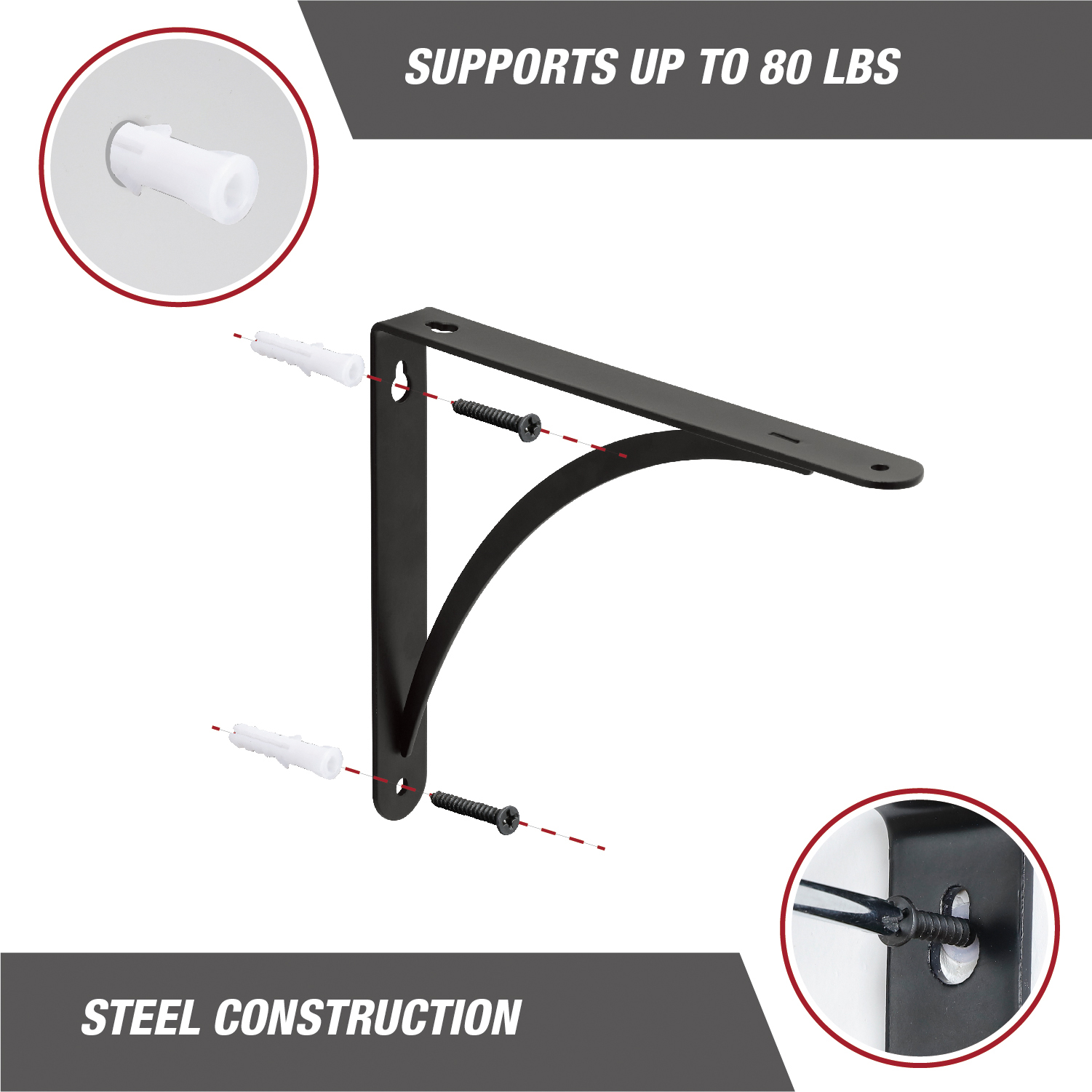 Hyper Tough 9" X 6.5" Curved Shelf Bracket, Black
