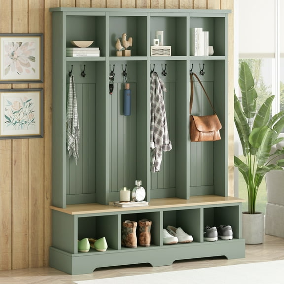 Euroco Farmhouse 59"W Wide Hall Tree with 8 Hooks, Practical Entryway Bench with Open Compartments, 76.7"H Modern 3-in-1 Wooden Style Coat and Shoe Rack for Mudroom, Living Room, Green