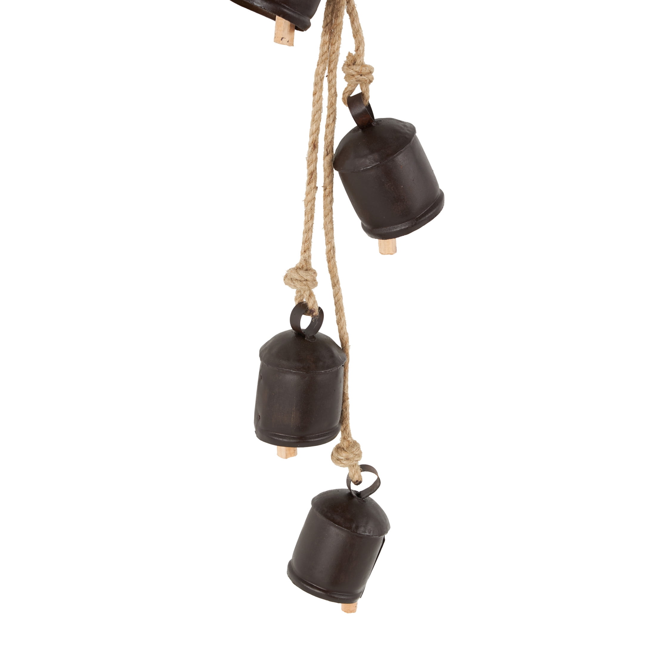 DecMode Tibetan Inspired Cascading Dark Brown Metal Cylindrical Decorative Bells with 4 Bells on Jute Hanging Rope