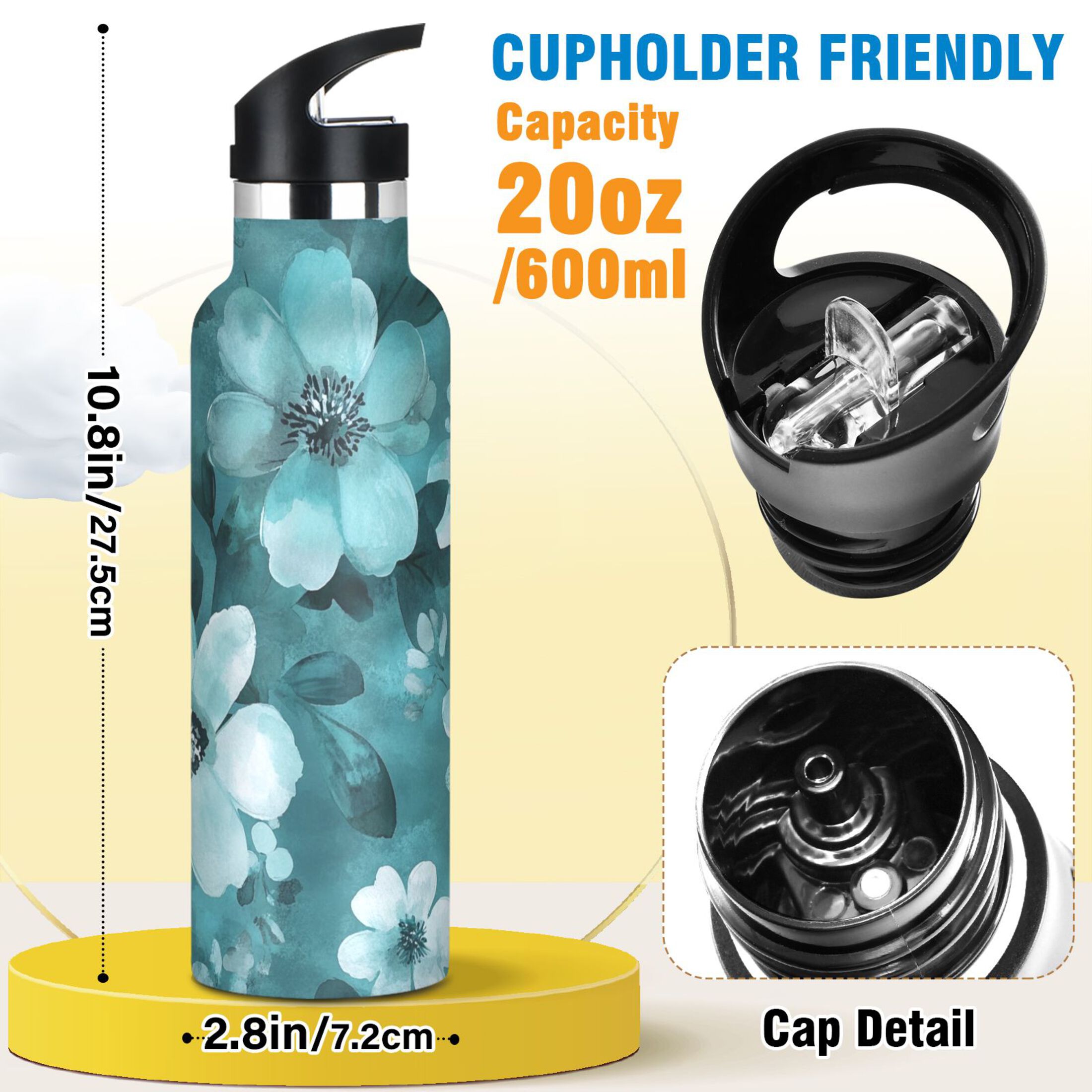 600ML Stainless Steel Insulated Cup Sports Water Bottle Portable Thermos Cup Water Glasses Insulated Tumblers Convenient and Durable Navy Flowers