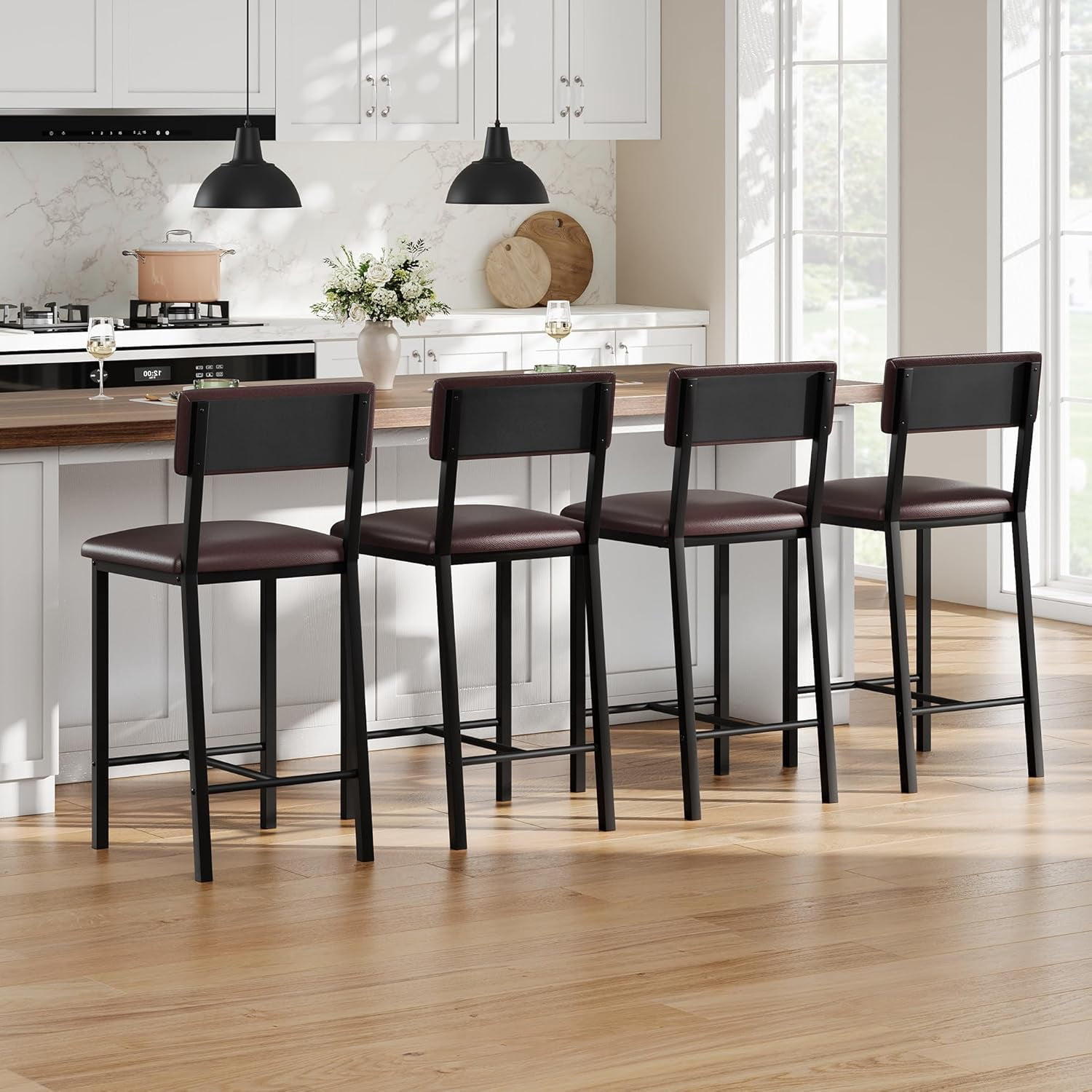 Bar Stools,25 Inch Counter Height Bar Stools Set of 4,Modern Faux Leather High Barstools with Footrest,Back and Metal Leg,Bar Chairs for Kitchen Island,Bar