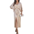 thumbnail image 2 of Women'S Satin Batwing Sleeve Cocktail Evening A Line Long Dress V Neck Ruched Loose Maxi Dress Champagne Color M, 2 of 9