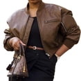 thumbnail image 5 of Womens Faux Leather Bomber Jackets Baseball Collar Zip Up Cropped Biker Coat with Pockets, 5 of 7