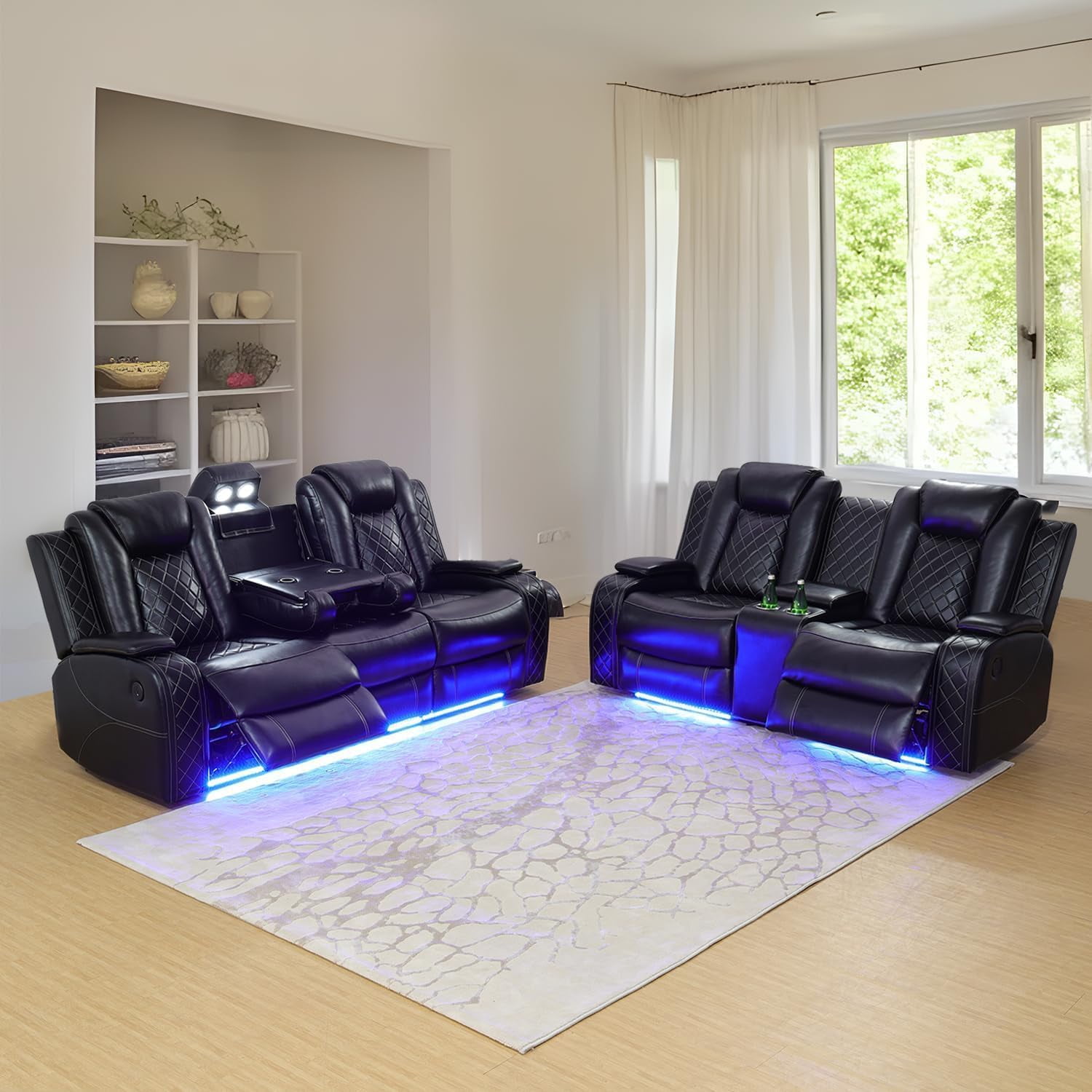Power Leather Recliner Chair with LED Lights,Leather Chair,Living Room Furniture Sets with USB Port(Black Reclining Chair /1 Piece)