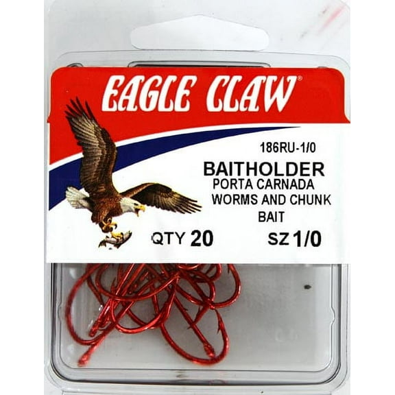 Eagle Claw 186RU3-1/0 Baitholder 2-Slice Offset Hook, Red, Size 1/0, 20 Pack