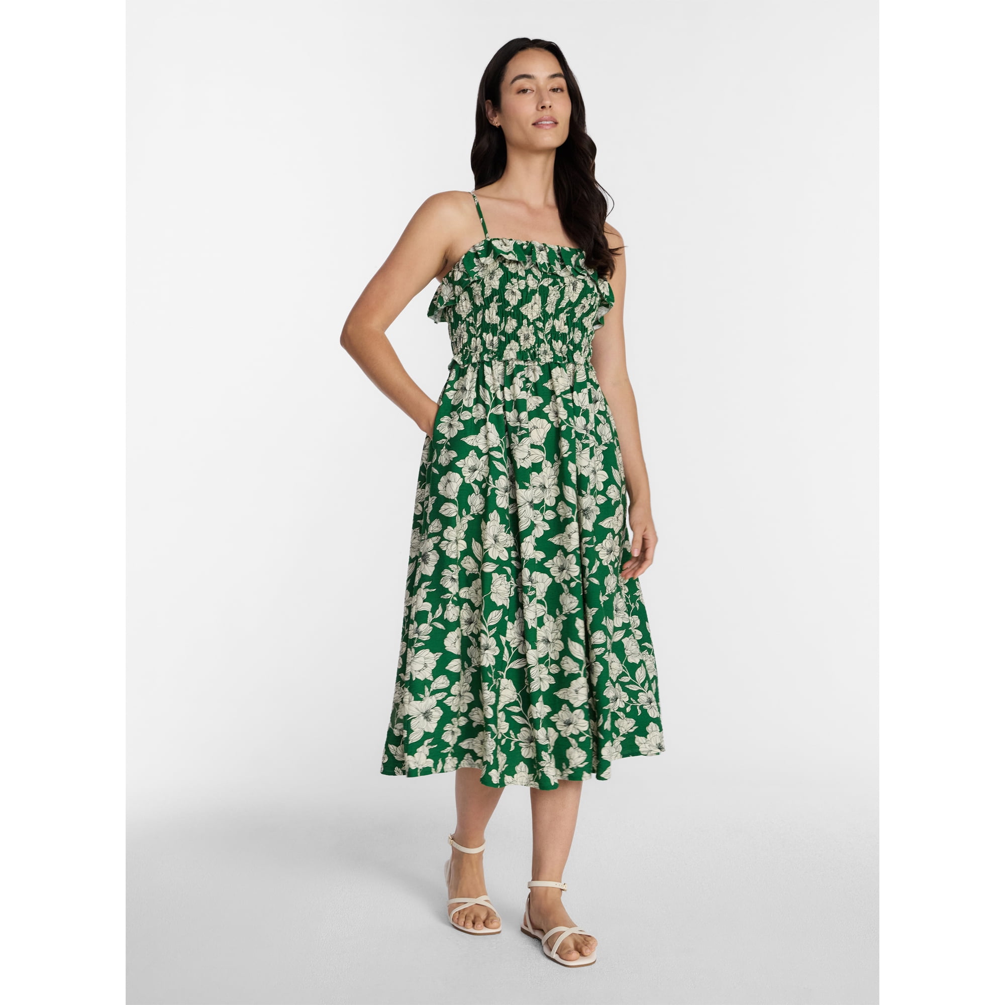 Time and Tru Women's Sleeveless Smocked Midi Dress, Sizes XS-XXXL